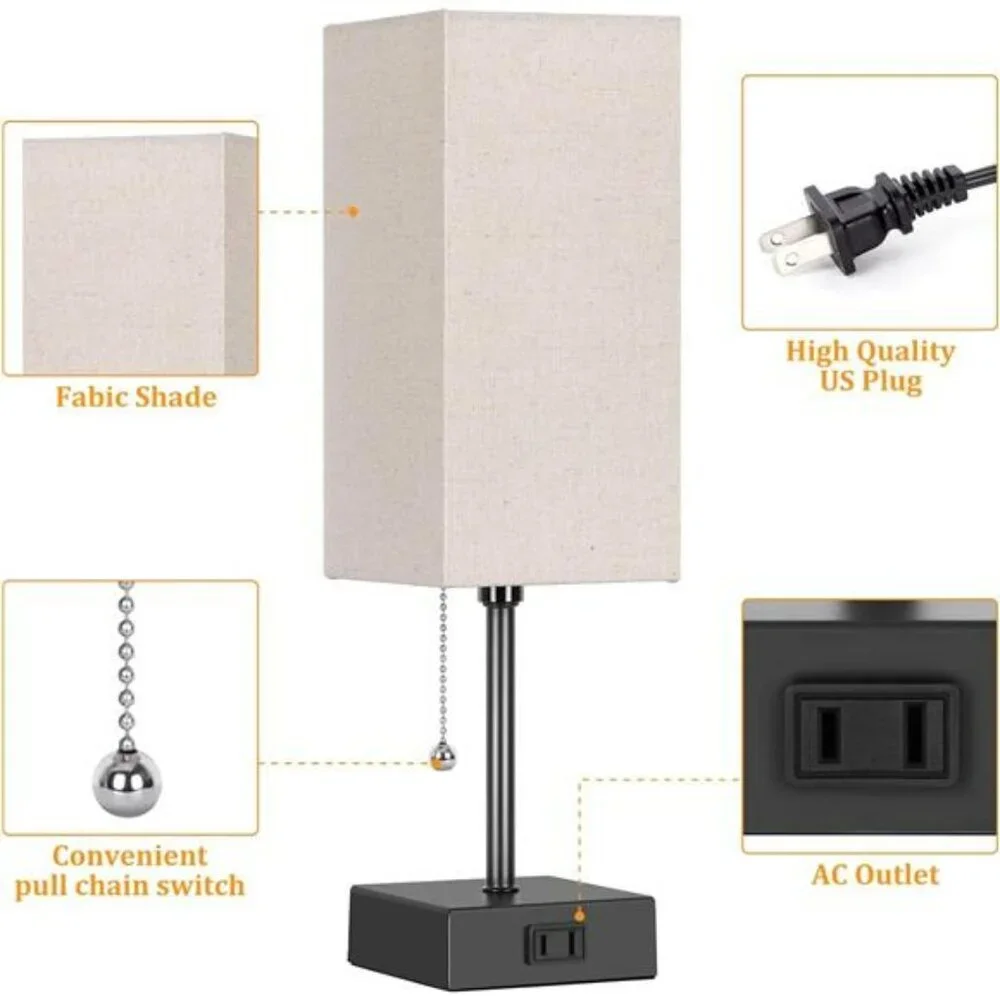 Set of 2 Small Bedroom Table Lamps with AC Outlet Pull Chain and LED Bulbs - Picture 3 of 7